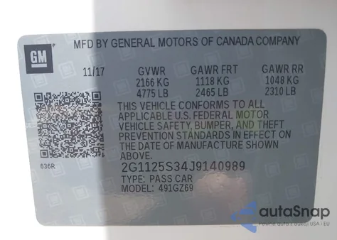 2018 Chevrolet Impala 2Lz from USA, damaged, VIN 2G1125S34J9140989